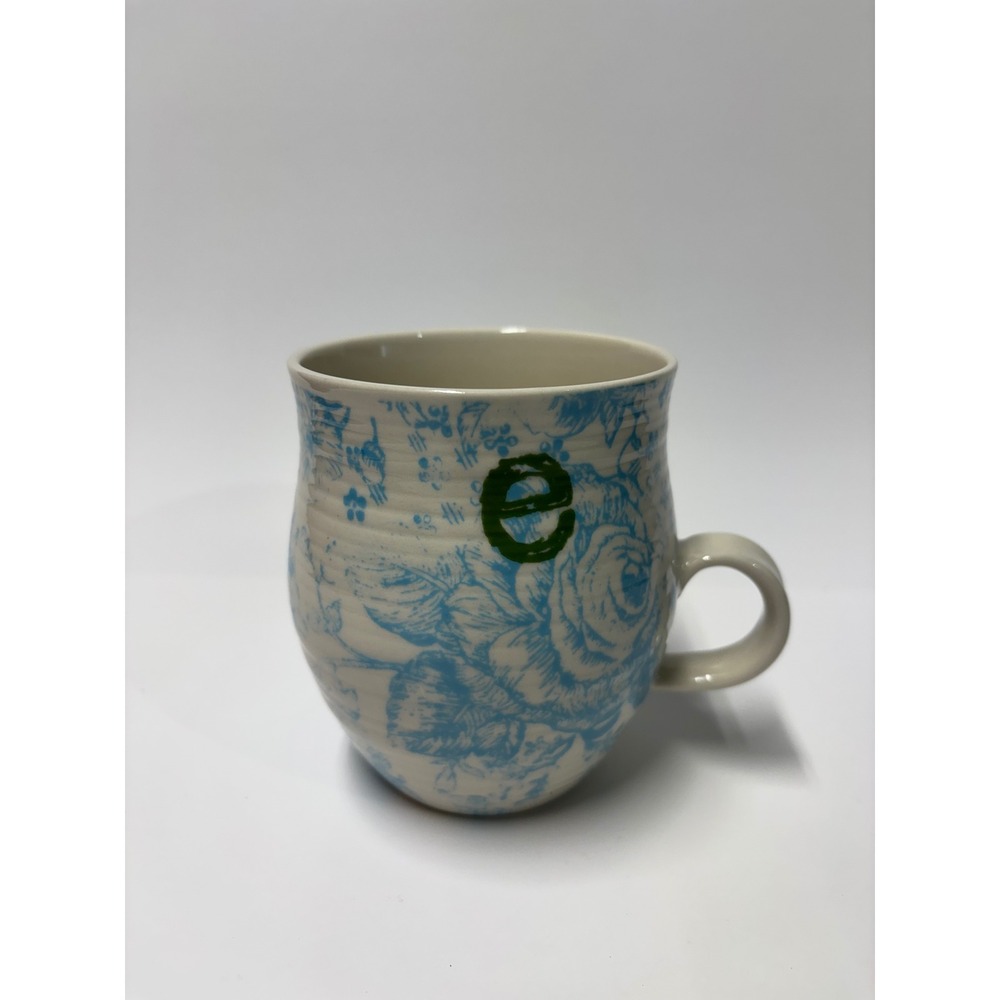 Anthropologie Initial E Mug Blue Floral Bird Toile Ceramic Coffee Cup